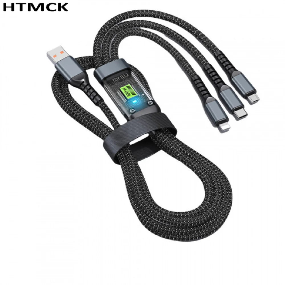 100W 3IN1 Transparent Luminous Fast Charging Cable Multifunction USB Typec Extension Cord for Android Smart Devices