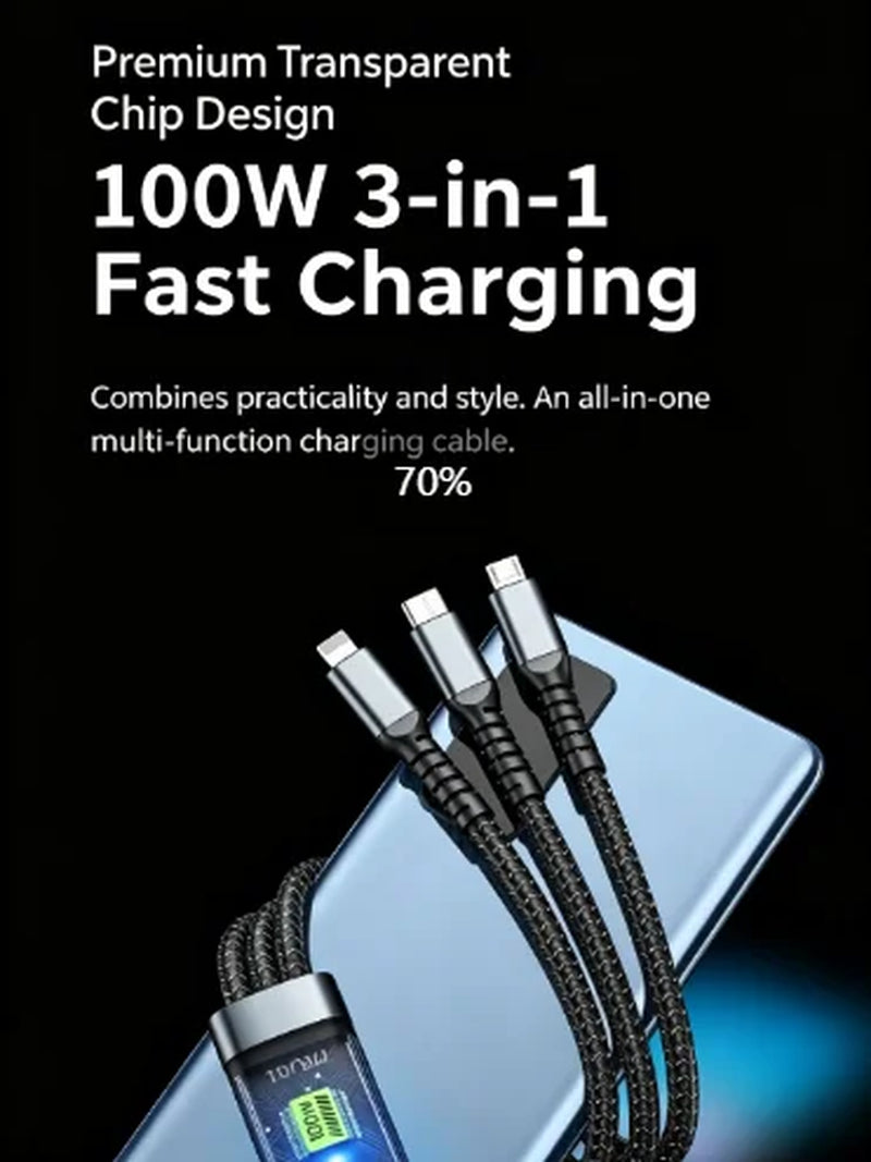 100W 3IN1 Transparent Luminous Fast Charging Cable Multifunction USB Typec Extension Cord for Android Smart Devices