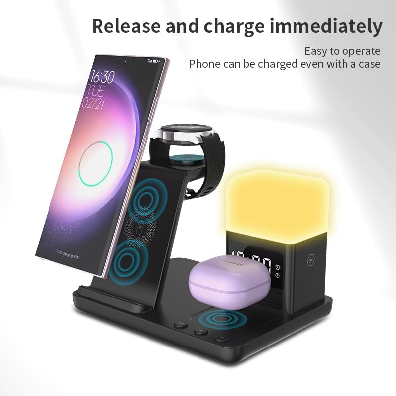 6In1 Wireless Charging Station for Samsung Charging Station for Multiple Devices with Alarm Clock & Night Light Nightstand Charging Station for Samsung S26 25 24 23 22 Ultra for Galaxy Watch