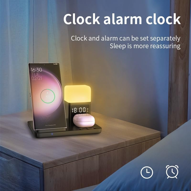 6In1 Wireless Charging Station for Samsung Charging Station for Multiple Devices with Alarm Clock & Night Light Nightstand Charging Station for Samsung S26 25 24 23 22 Ultra for Galaxy Watch