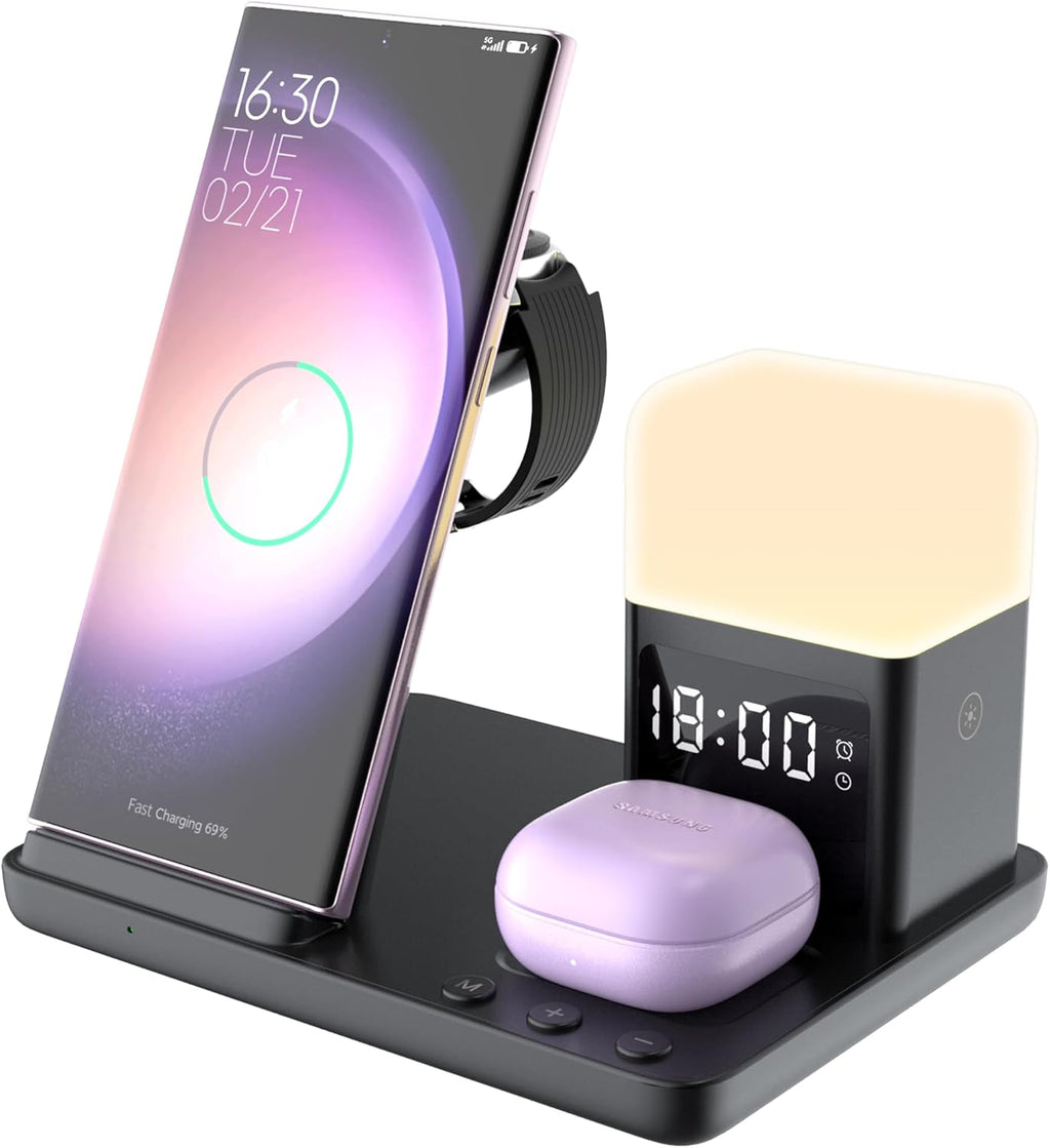 6In1 Wireless Charging Station for Samsung Charging Station for Multiple Devices with Alarm Clock & Night Light Nightstand Charging Station for Samsung S26 25 24 23 22 Ultra for Galaxy Watch