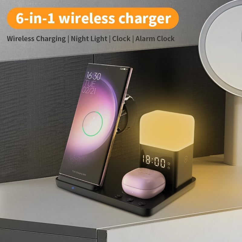 6In1 Wireless Charging Station for Samsung Charging Station for Multiple Devices with Alarm Clock & Night Light Nightstand Charging Station for Samsung S26 25 24 23 22 Ultra for Galaxy Watch