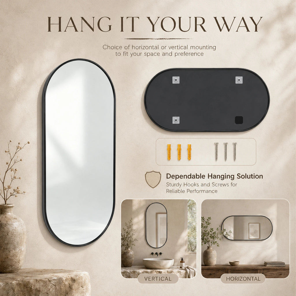 Black oval pill-shaped wall mirror with slim black metal frame, 16 x 36 inches – image 4