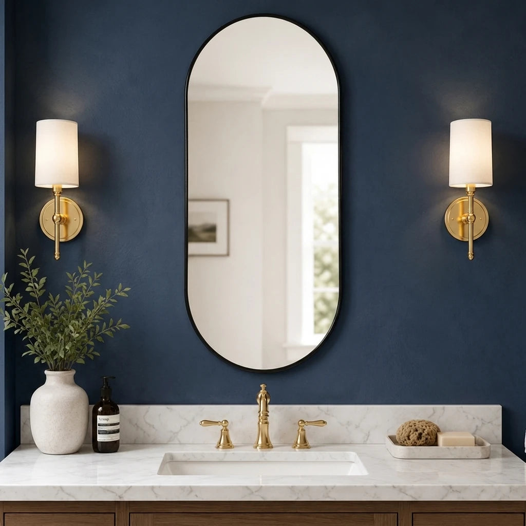 Black oval pill-shaped wall mirror with slim black metal frame, 16 x 36 inches – image 2