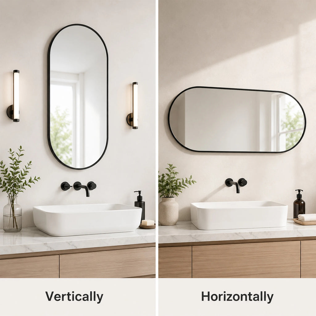 Black oval pill-shaped wall mirror with slim black metal frame, 16 x 36 inches – image 3
