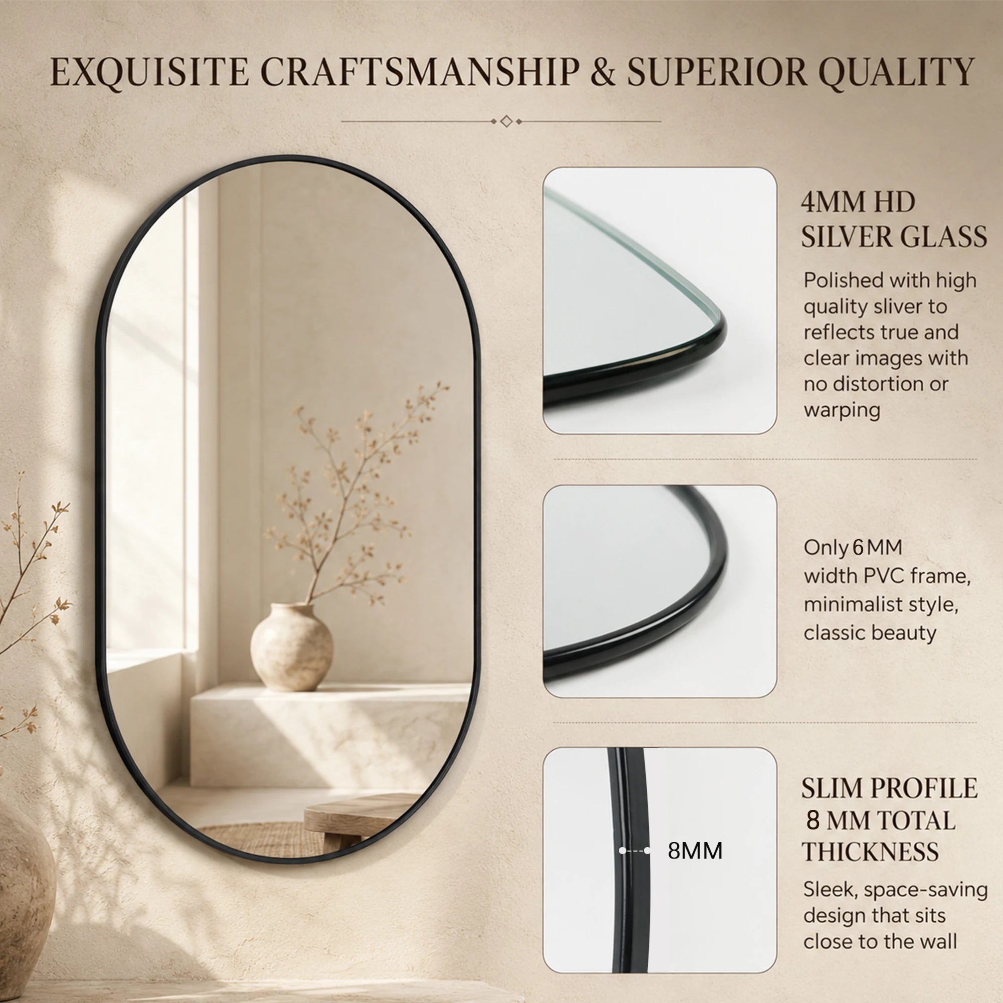 Black oval pill-shaped wall mirror with slim black metal frame, 16 x 36 inches – image 5