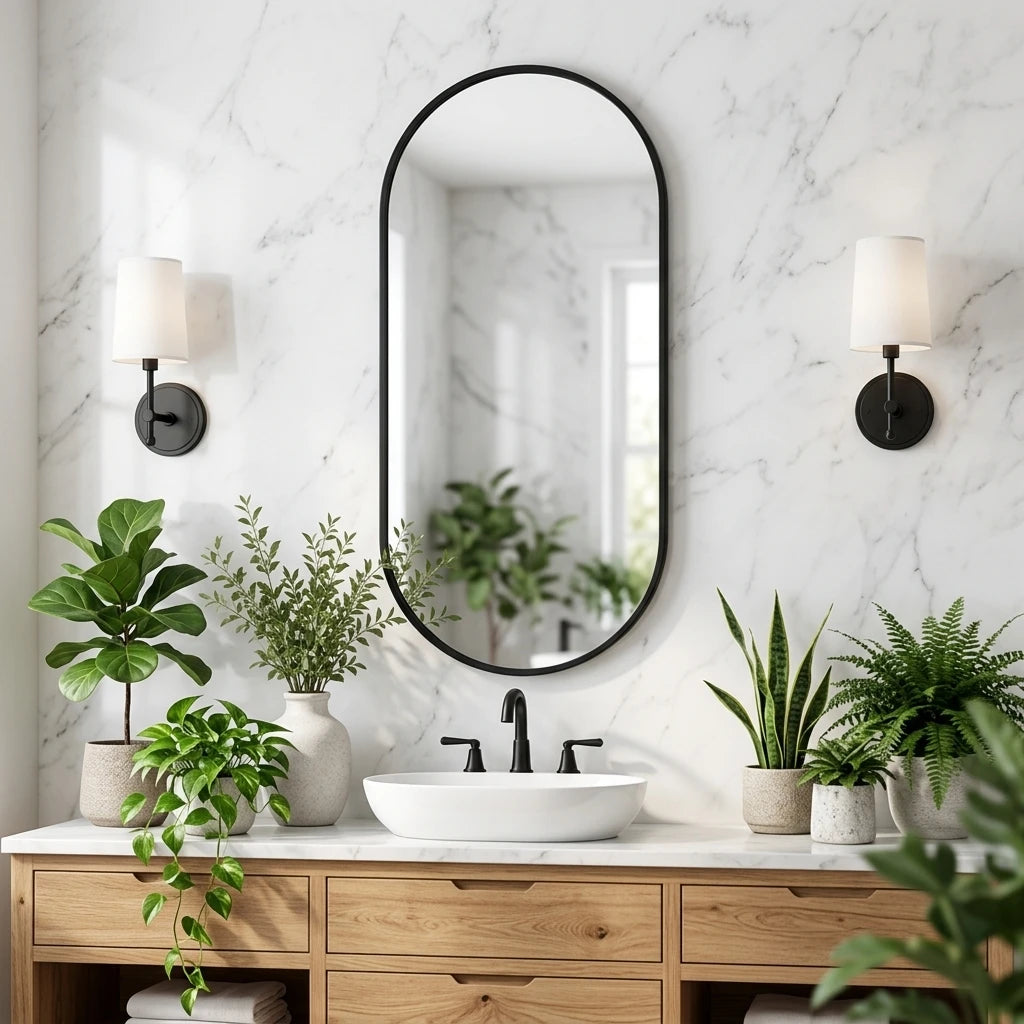 Black oval pill-shaped wall mirror with slim black metal frame, 16 x 36 inches – image 1
