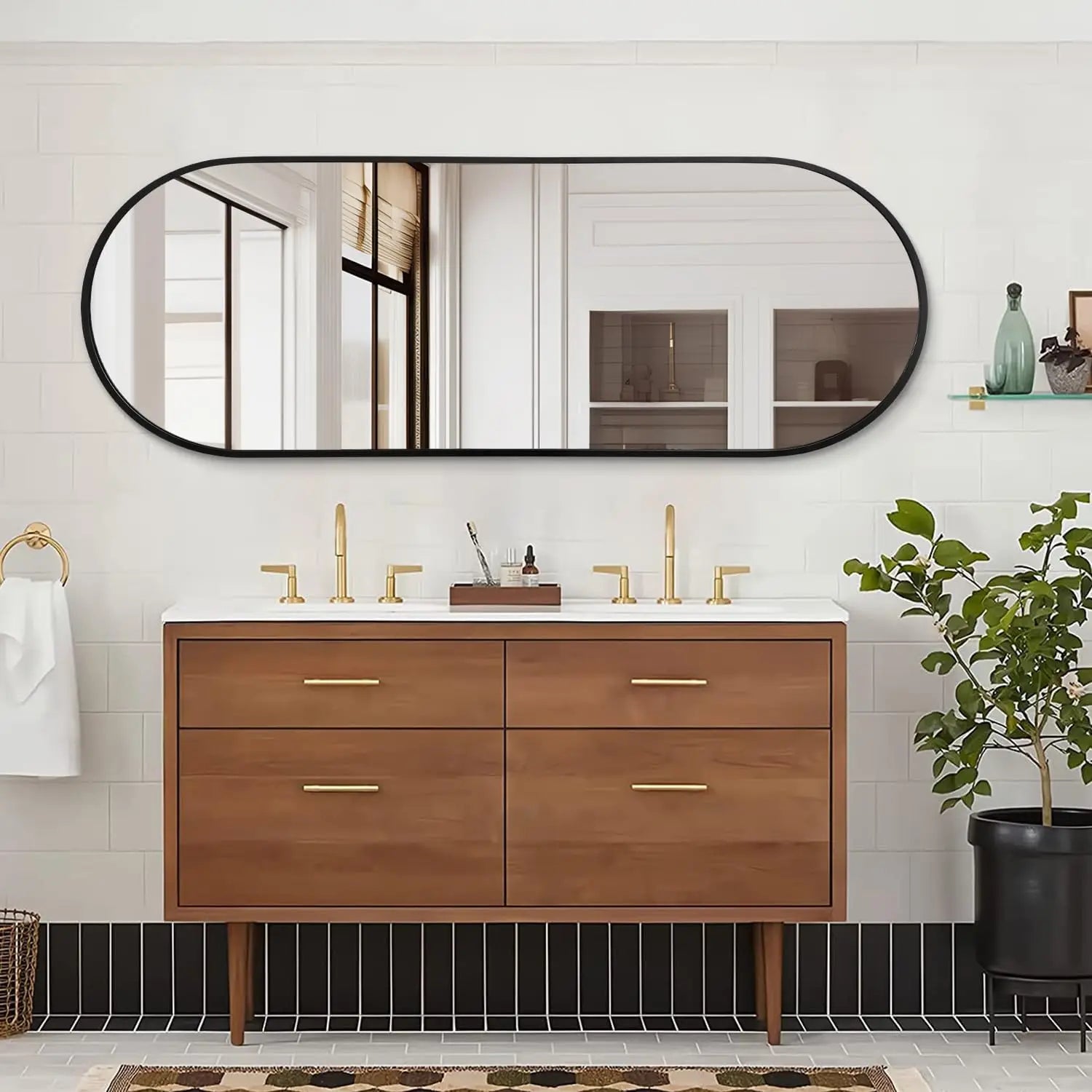 Black oval pill-shaped wall mirror with slim black metal frame, 16 x 36 inches – image 6