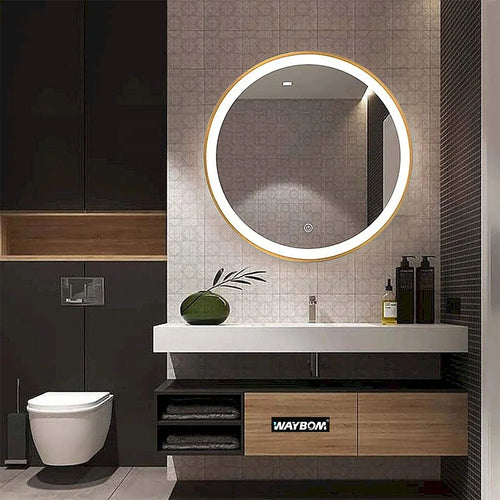 Round LED touch wall mirror with dimmable light, metal frame, 50cm or 60cm – image 2