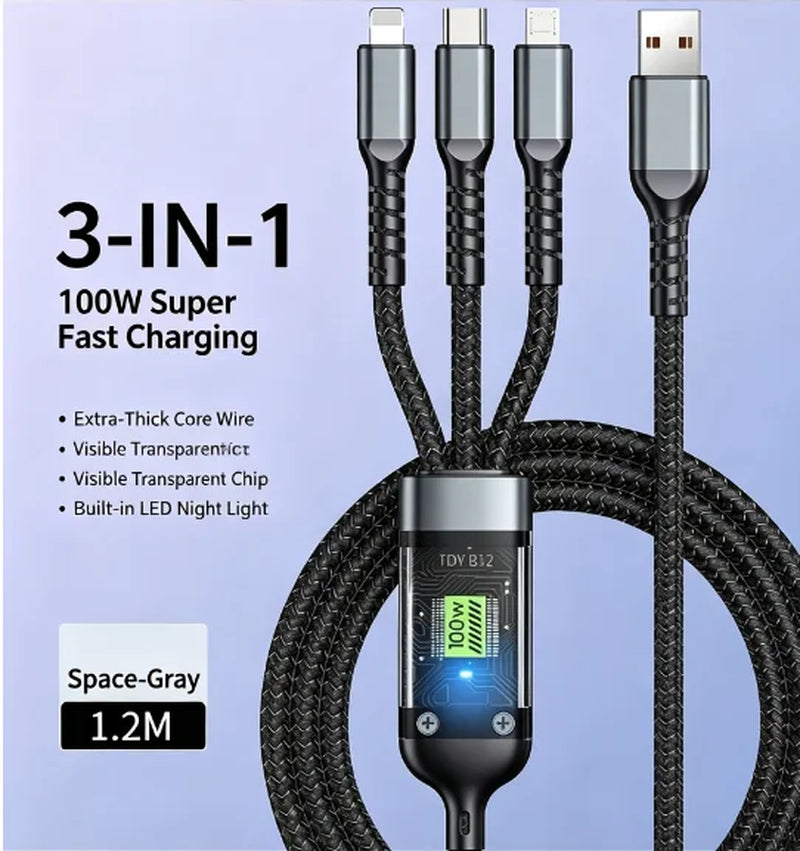 100W 3IN1 Transparent Luminous Fast Charging Cable Multifunction USB Typec Extension Cord for Android Smart Devices