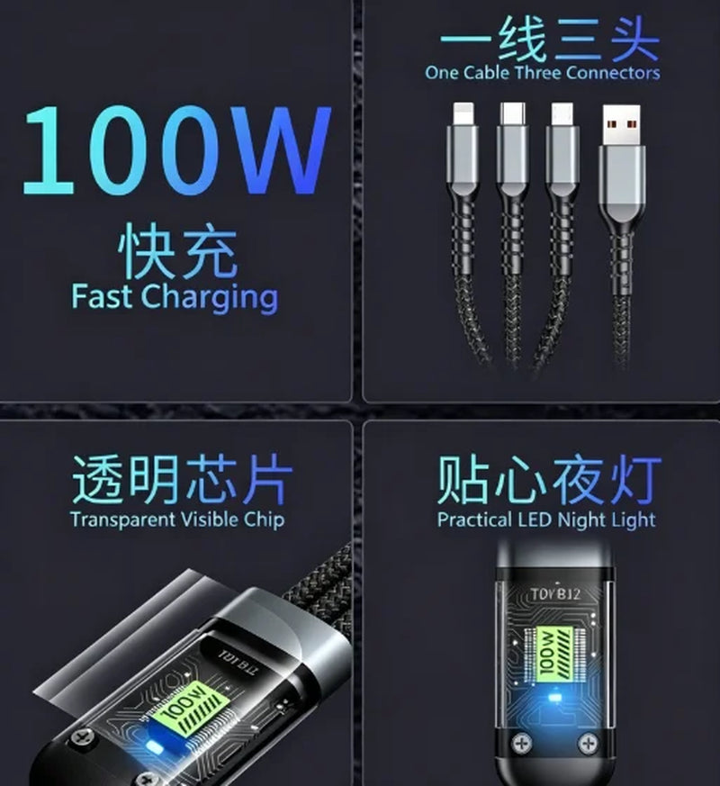 100W 3IN1 Transparent Luminous Fast Charging Cable Multifunction USB Typec Extension Cord for Android Smart Devices