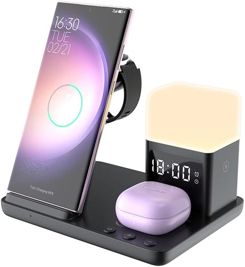 6In1 Wireless Charging Station for Samsung Charging Station for Multiple Devices with Alarm Clock & Night Light Nightstand Charging Station for Samsung S26 25 24 23 22 Ultra for Galaxy Watch